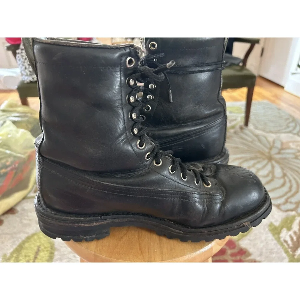 Linesman Logger Mens 10 Black Leather Lace Up Lineman Vtg Steel Toe Work Boot